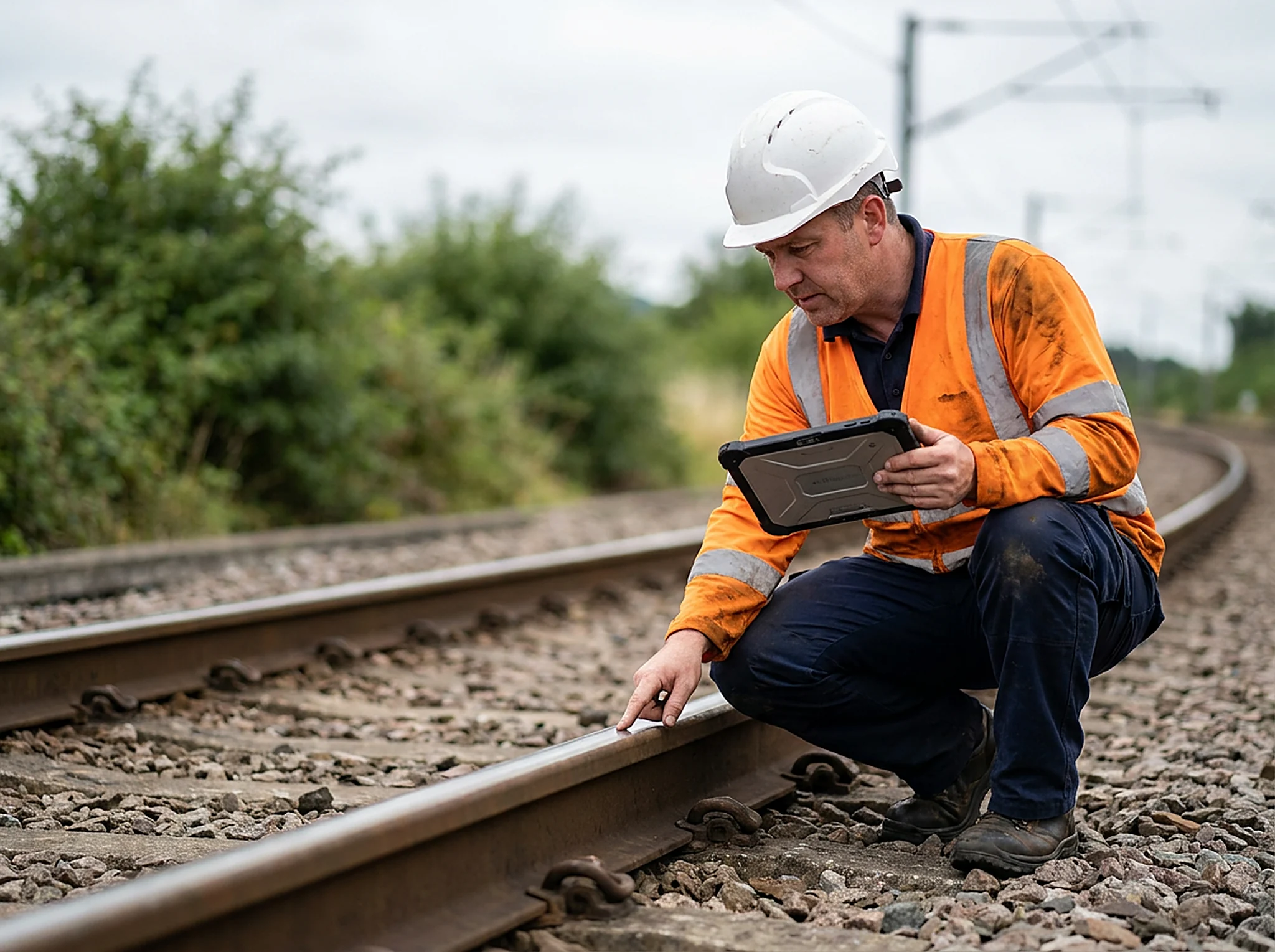 Rail inspector reviewing the line on a rugged tablet